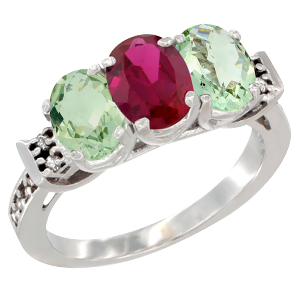 14K White Gold Natural Enhanced Ruby & Natural Green Amethyst Sides Ring 3-Stone 7x5 mm Oval Diamond Accent, sizes 5 - 10
