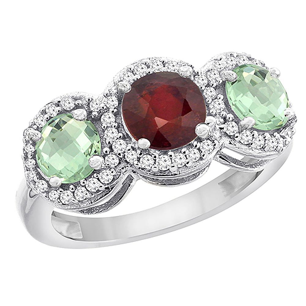 10K White Gold Enhanced Ruby & Green Amethyst Sides Round 3-stone Ring Diamond Accents, sizes 5 - 10