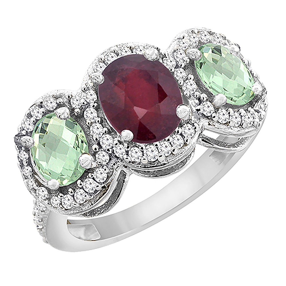 14K White Gold Natural Quality Ruby & Green Amethyst 3-stone Mothers Ring Oval Diamond Accent, size 5-10