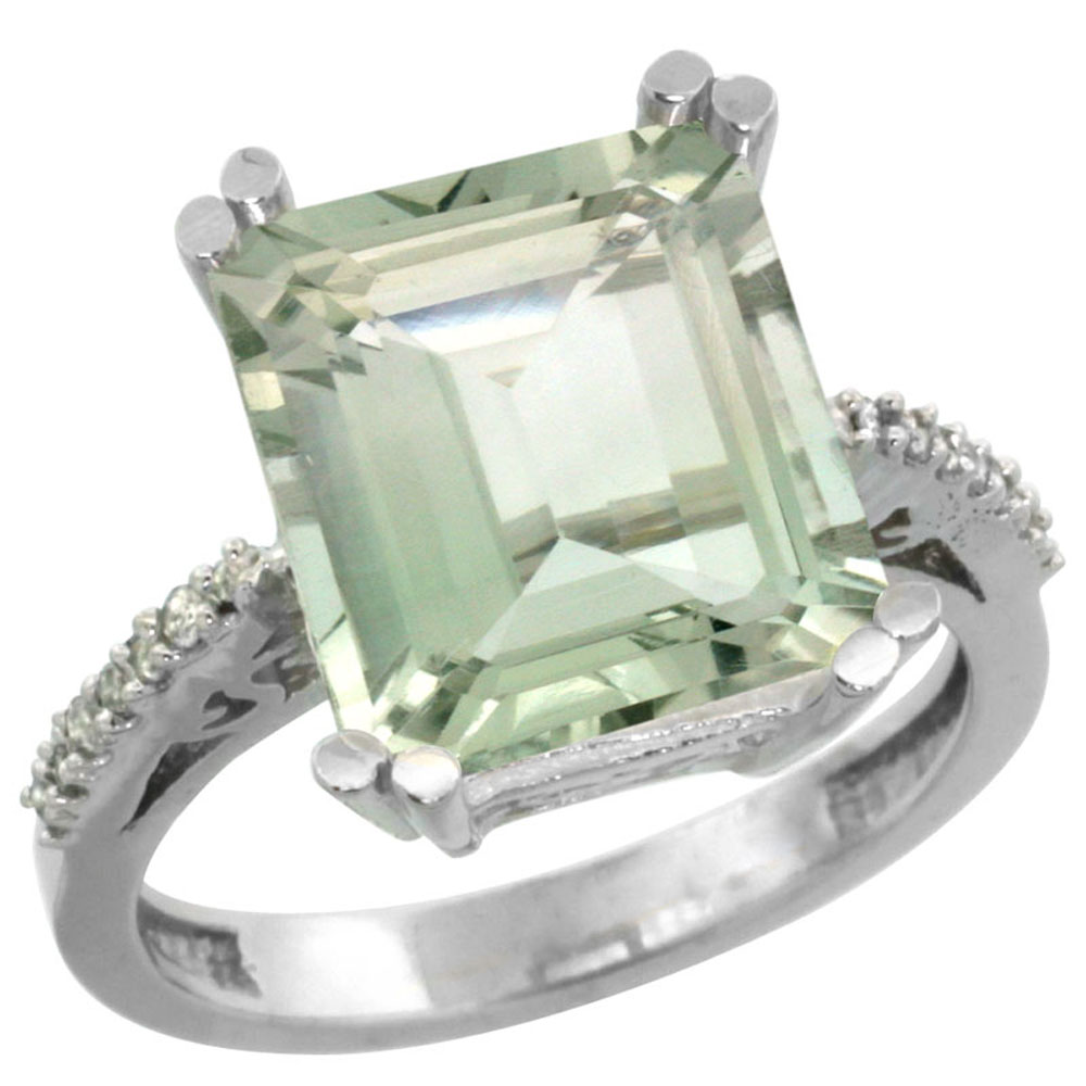 14K White Gold Natural Diamond Green Amethyst Ring Emerald-cut 12x10mm, sizes 5-10