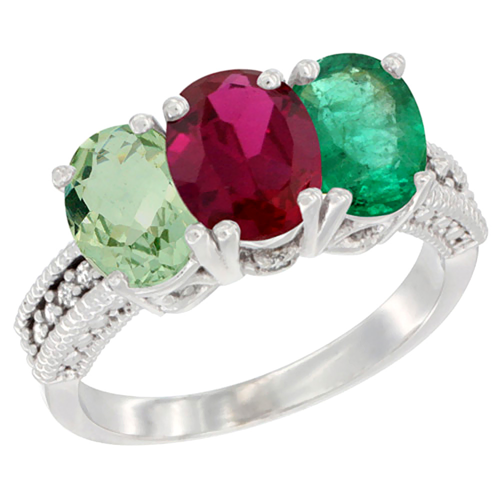 14K White Gold Natural Green Amethyst, Enhanced Ruby & Natural Emerald Ring 3-Stone 7x5 mm Oval Diamond Accent, sizes 5 - 10