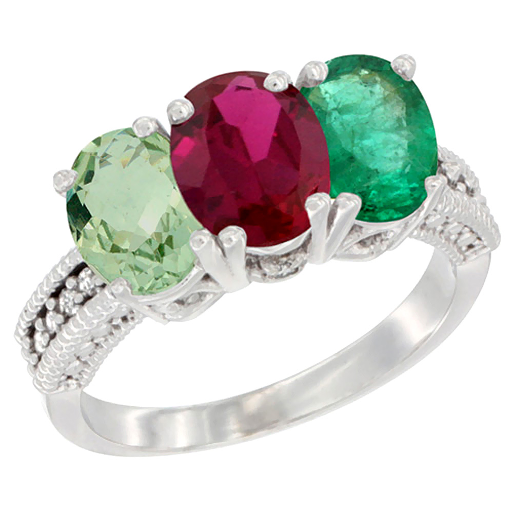 14K White Gold Natural Green Amethyst, Enhanced Ruby &amp; Natural Emerald Ring 3-Stone 7x5 mm Oval Diamond Accent, sizes 5 - 10