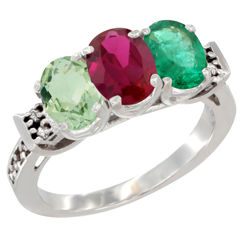 14K White Gold Natural Green Amethyst, Enhanced Ruby & Natural Emerald Ring 3-Stone 7x5 mm Oval Diamond Accent, sizes 5 - 10