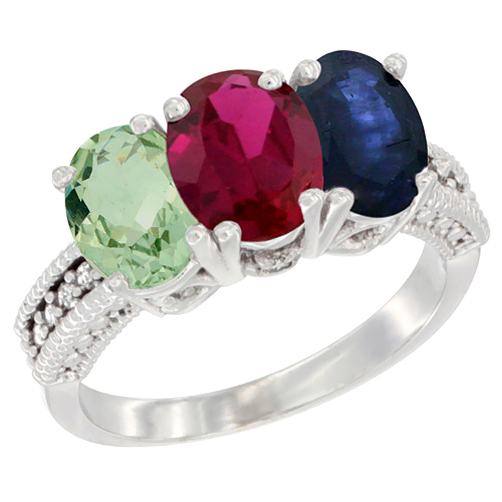 14K White Gold Natural Green Amethyst, Enhanced Ruby & Natural Blue Sapphire Ring 3-Stone 7x5 mm Oval Diamond Accent, sizes 5 - 10