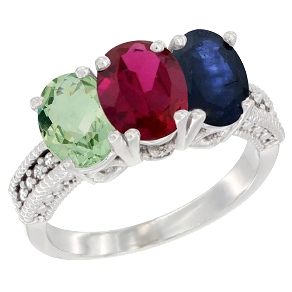 10K White Gold Natural Green Amethyst, Enhanced Ruby &amp; Natural Blue Sapphire Ring 3-Stone Oval 7x5 mm Diamond Accent, sizes 5 - 10