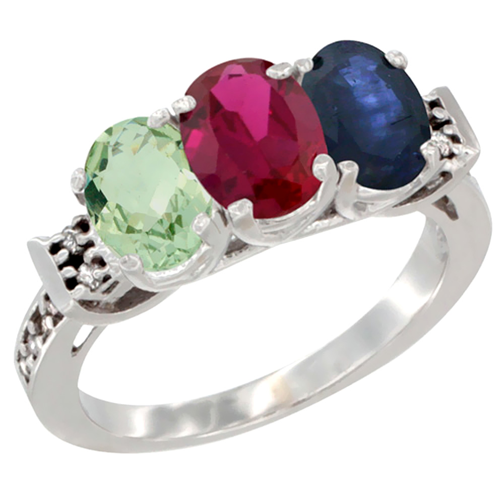 14K White Gold Natural Green Amethyst, Enhanced Ruby & Natural Blue Sapphire Ring 3-Stone 7x5 mm Oval Diamond Accent, sizes 5 - 10