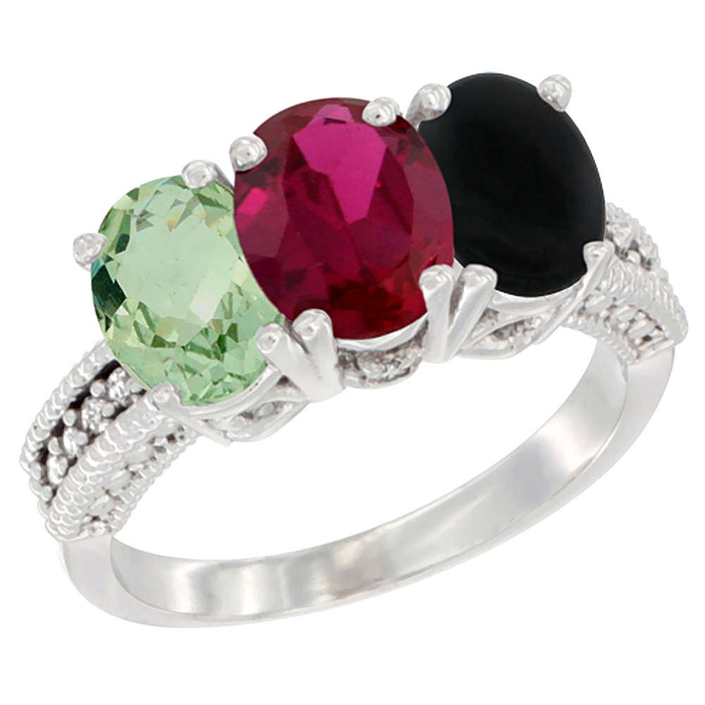 10K White Gold Natural Green Amethyst, Enhanced Ruby &amp; Natural Black Onyx Ring 3-Stone Oval 7x5 mm Diamond Accent, sizes 5 - 10