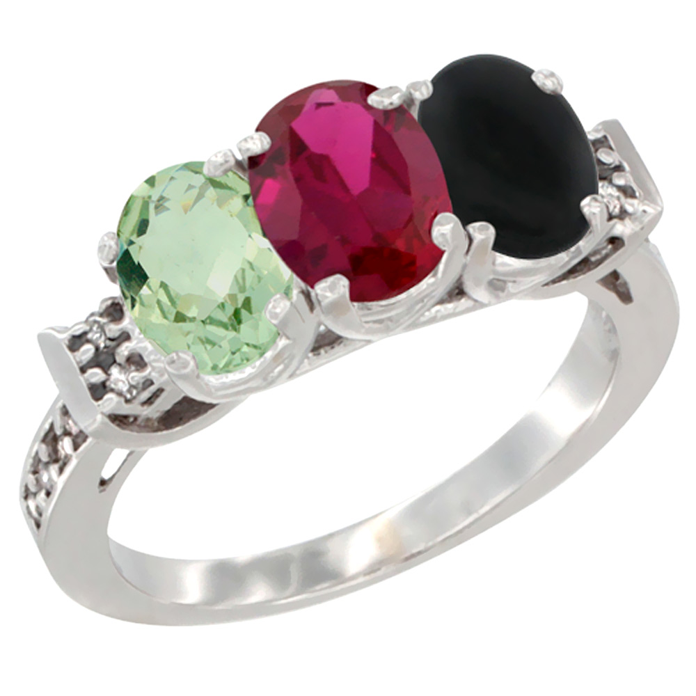 14K White Gold Natural Green Amethyst, Enhanced Ruby &amp; Natural Black Onyx Ring 3-Stone 7x5 mm Oval Diamond Accent, sizes 5 - 10