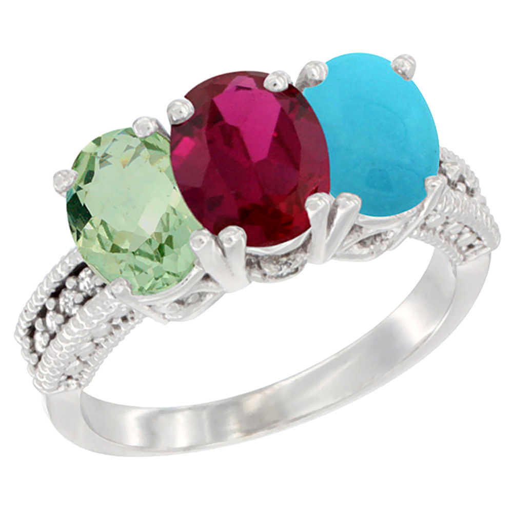 10K White Gold Natural Green Amethyst, Enhanced Ruby &amp; Natural Turquoise Ring 3-Stone Oval 7x5 mm Diamond Accent, sizes 5 - 10