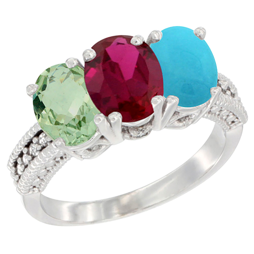 10K White Gold Natural Green Amethyst, Enhanced Ruby & Natural Turquoise Ring 3-Stone Oval 7x5 mm Diamond Accent, sizes 5 - 10