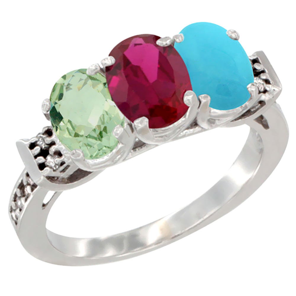 14K White Gold Natural Green Amethyst, Enhanced Ruby & Natural Turquoise Ring 3-Stone 7x5 mm Oval Diamond Accent, sizes 5 - 10