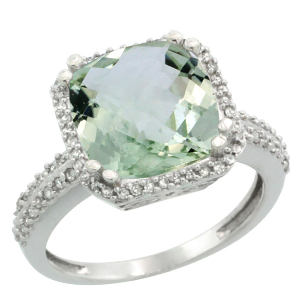 14K White Gold Natural Green Amethyst Ring Cushion-cut 11x11mm Diamond Halo, sizes 5-10