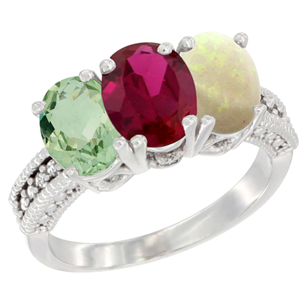 10K White Gold Natural Green Amethyst, Enhanced Ruby &amp; Natural Opal Ring 3-Stone Oval 7x5 mm Diamond Accent, sizes 5 - 10