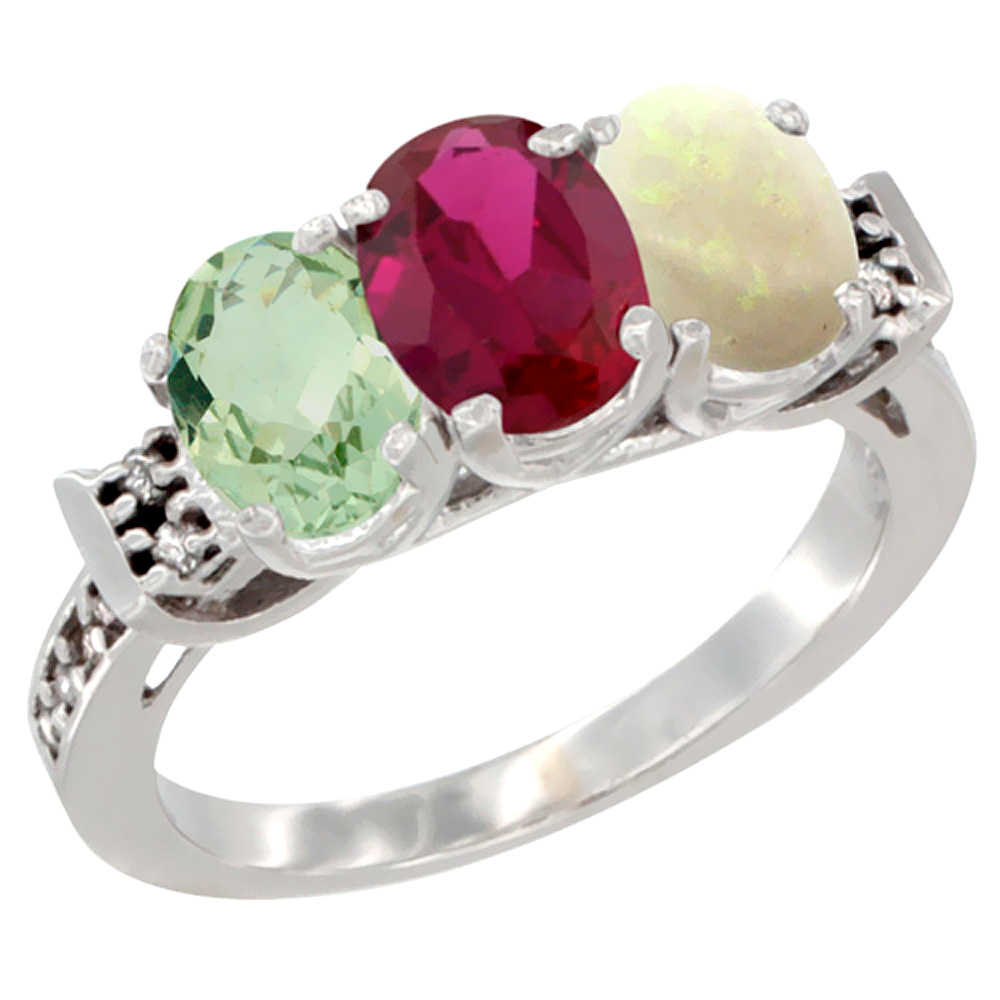 14K White Gold Natural Green Amethyst, Enhanced Ruby & Natural Opal Ring 3-Stone 7x5 mm Oval Diamond Accent, sizes 5 - 10