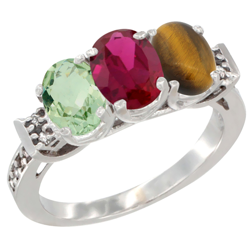 14K White Gold Natural Green Amethyst, Enhanced Ruby & Natural Tiger Eye Ring 3-Stone 7x5 mm Oval Diamond Accent, sizes 5 - 10