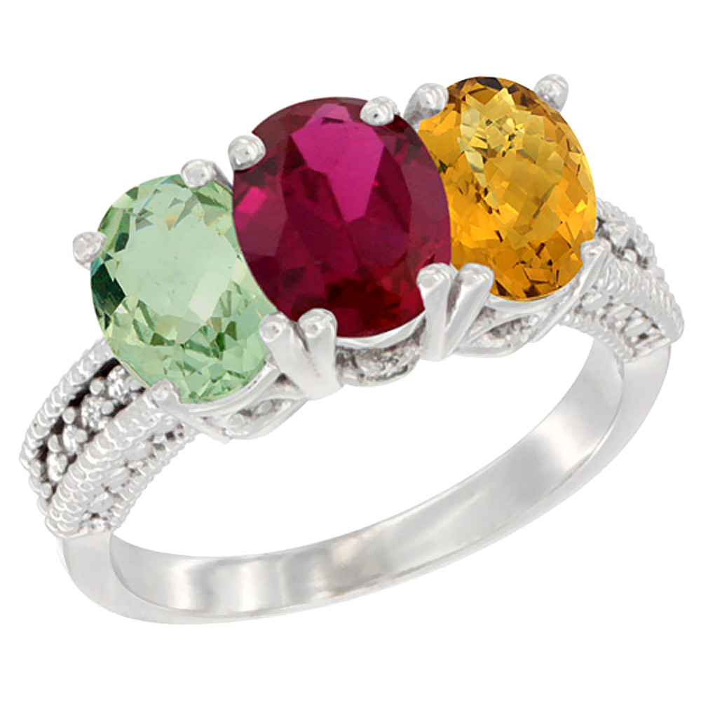 14K White Gold Natural Green Amethyst, Enhanced Ruby & Natural Whisky Quartz Ring 3-Stone 7x5 mm Oval Diamond Accent, sizes 5 - 10