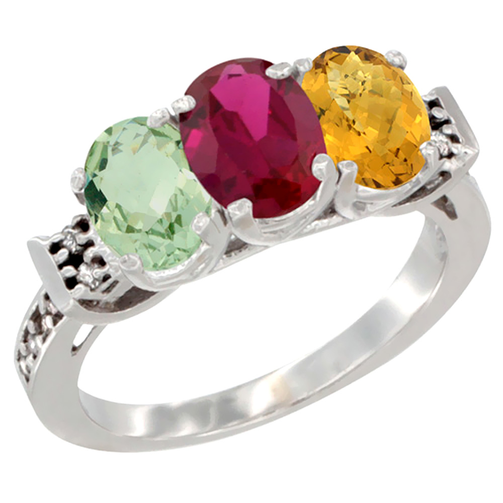 14K White Gold Natural Green Amethyst, Enhanced Ruby &amp; Natural Whisky Quartz Ring 3-Stone 7x5 mm Oval Diamond Accent, sizes 5 - 10