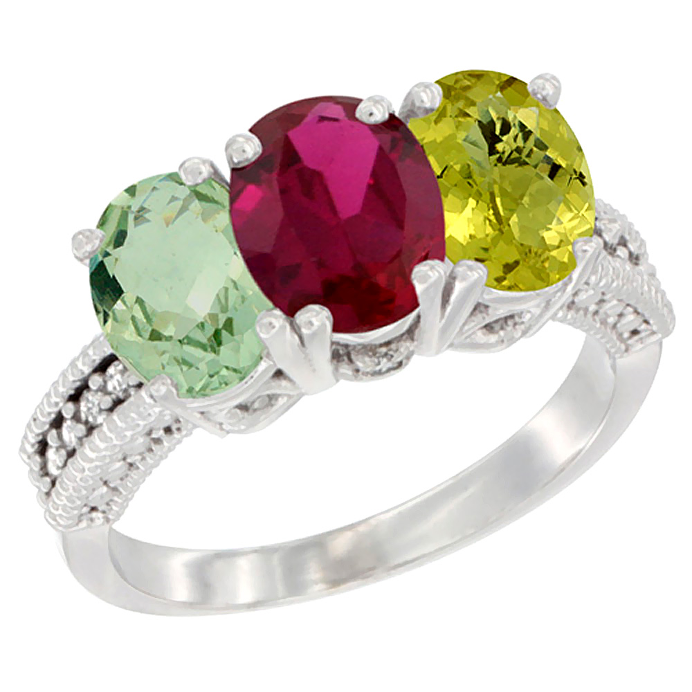 14K White Gold Natural Green Amethyst, Enhanced Ruby &amp; Natural Lemon Quartz Ring 3-Stone 7x5 mm Oval Diamond Accent, sizes 5 - 10