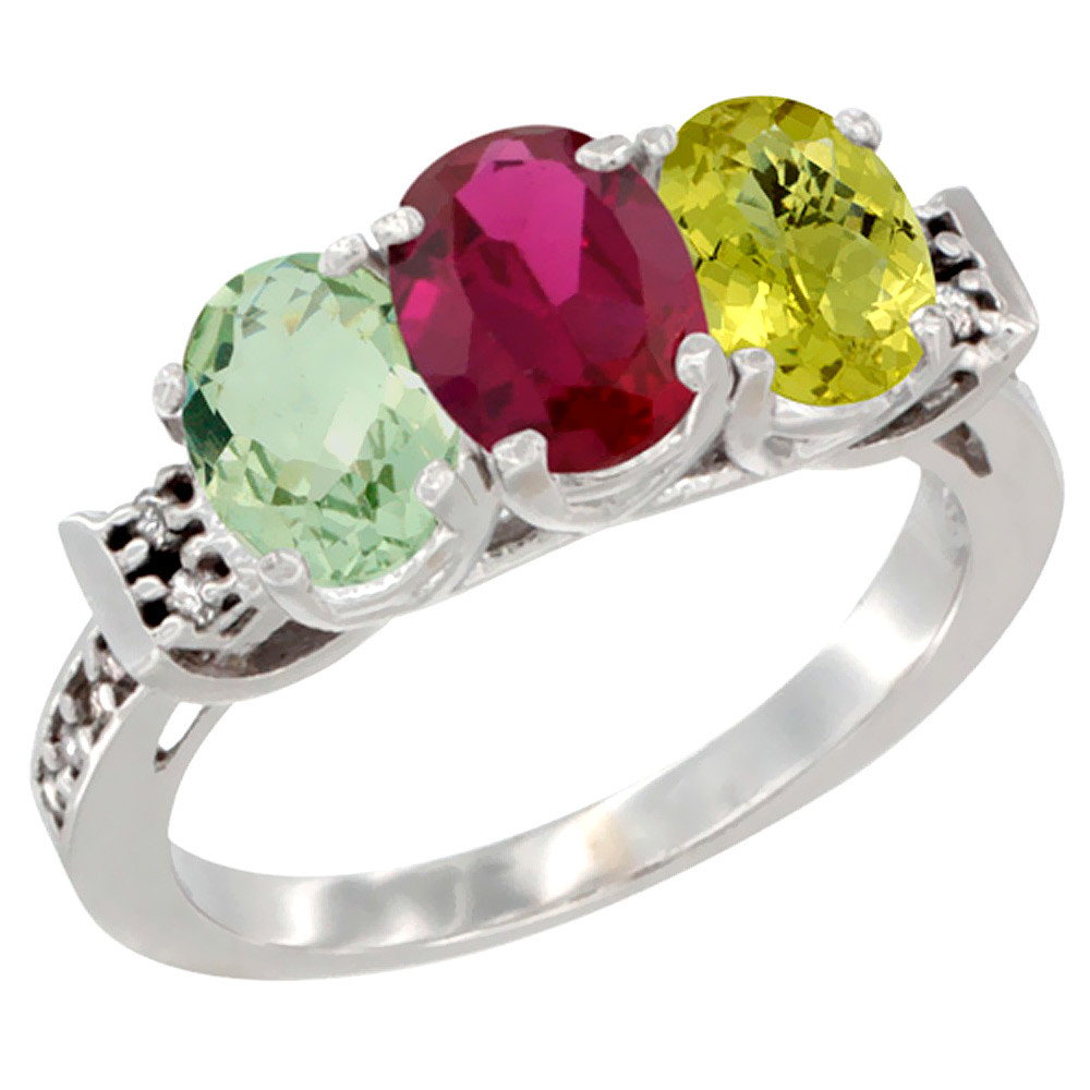 14K White Gold Natural Green Amethyst, Enhanced Ruby &amp; Natural Lemon Quartz Ring 3-Stone 7x5 mm Oval Diamond Accent, sizes 5 - 10