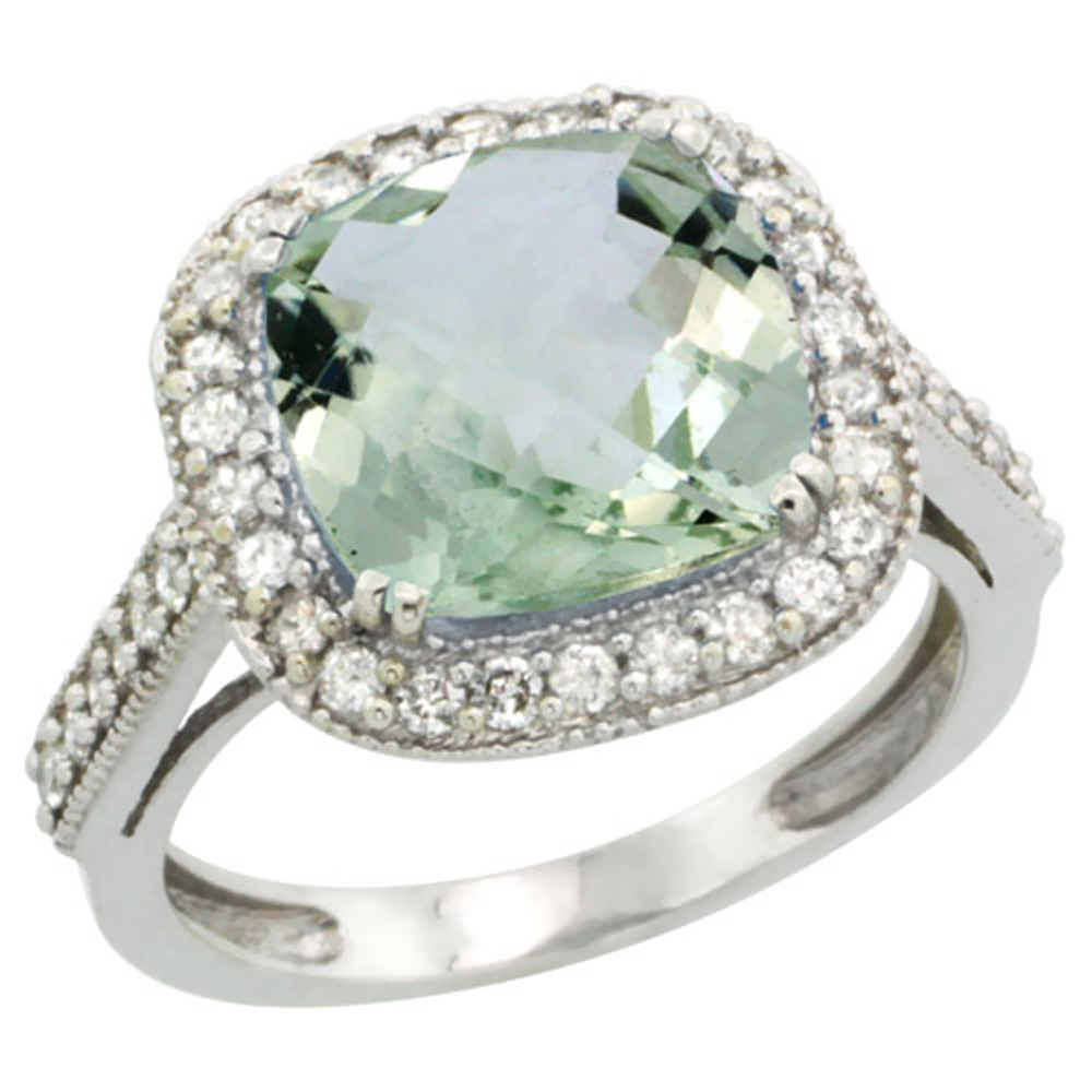 14K White Gold Natural Green Amethyst Ring Cushion-cut 10x10mm Diamond Halo, sizes 5-10