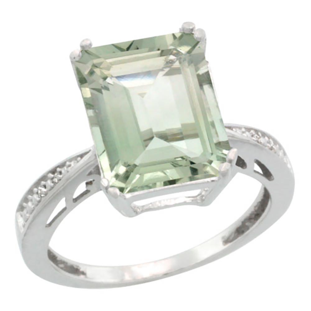 10K White Gold Genuine Diamond Green Amethyst Ring Emerald-cut 12x10mm sizes 5-10