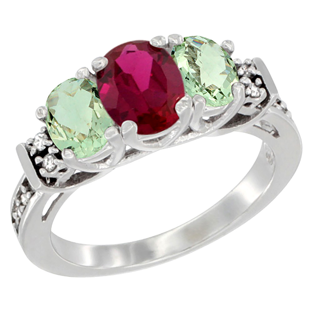 14K White Gold Natural Quality Ruby &amp; Green Amethyst 3-stone Mothers Ring Oval Diamond Accent, size 5-10