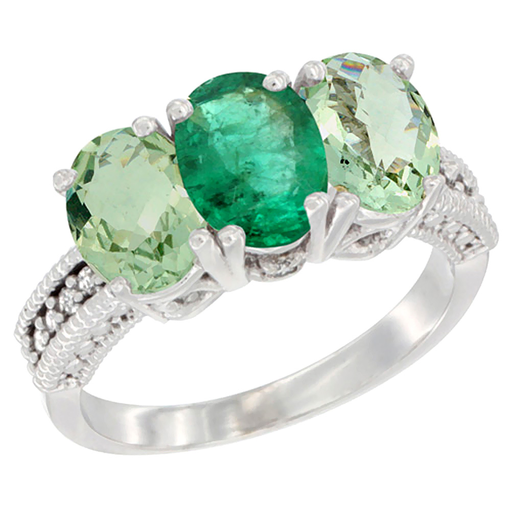 10K White Gold Natural Emerald & Green Amethyst Sides Ring 3-Stone Oval 7x5 mm Diamond Accent, sizes 5 - 10