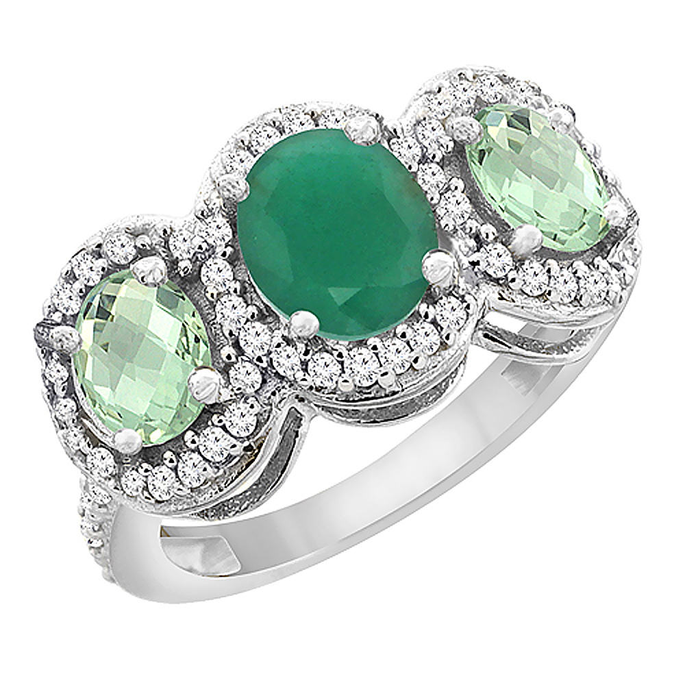 14K White Gold Natural Cabochon Emerald & Green Amethyst 3-Stone Ring Oval Diamond Accent, sizes 5 - 10