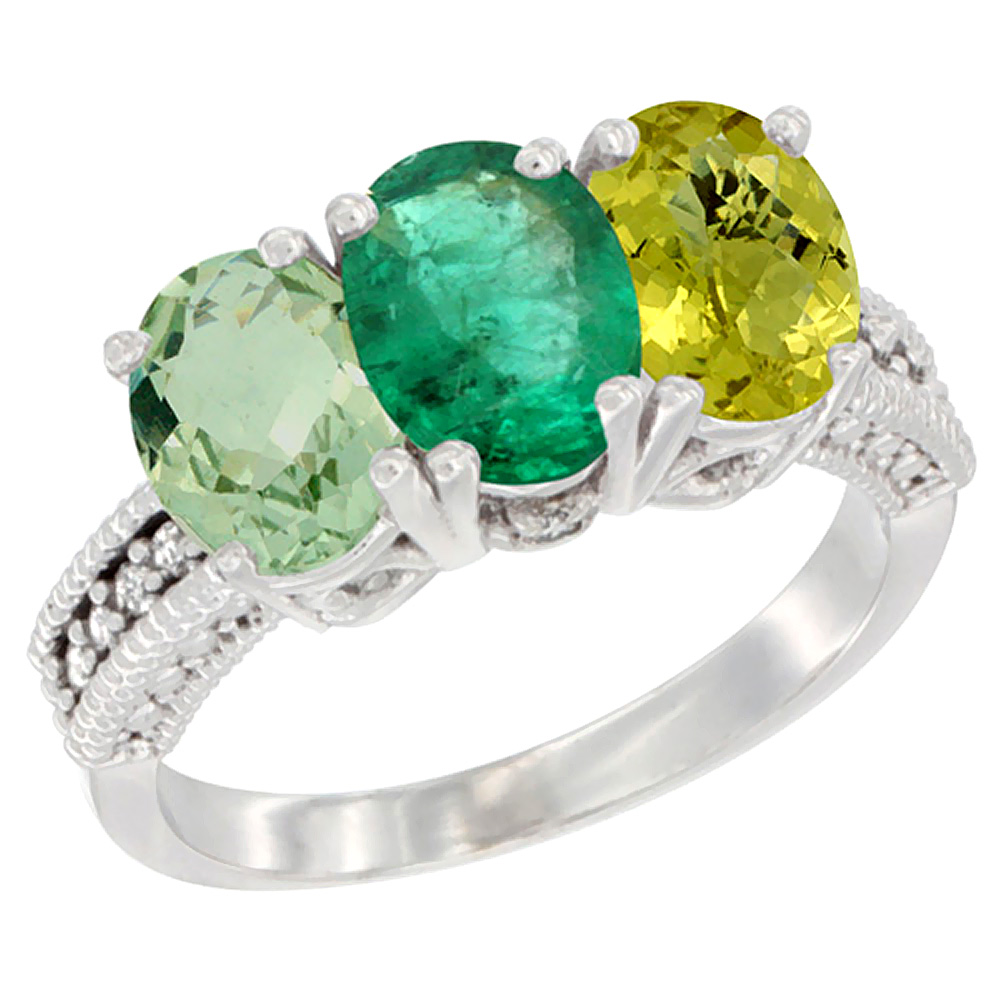 14K White Gold Natural Green Amethyst, Emerald & Lemon Quartz Ring 3-Stone 7x5 mm Oval Diamond Accent, sizes 5 - 10