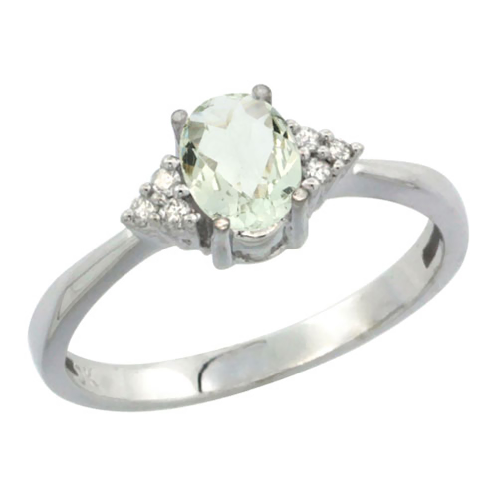 14K White Gold Diamond Natural Green Amethyst Engagement Ring Oval 7x5mm, sizes 5-10