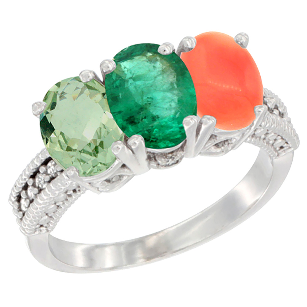 14K White Gold Natural Green Amethyst, Emerald & Coral Ring 3-Stone 7x5 mm Oval Diamond Accent, sizes 5 - 10