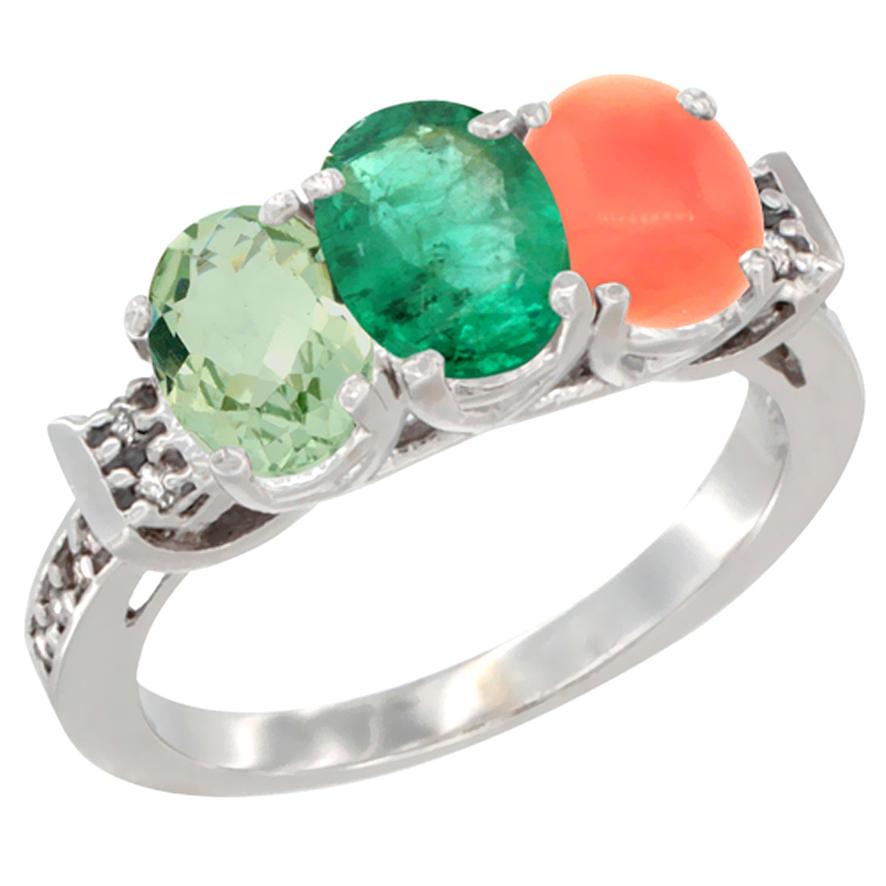 10K White Gold Natural Green Amethyst, Emerald & Coral Ring 3-Stone Oval 7x5 mm Diamond Accent, sizes 5 - 10