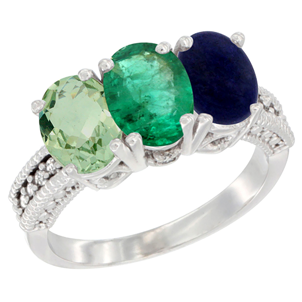 14K White Gold Natural Green Amethyst, Emerald &amp; Lapis Ring 3-Stone 7x5 mm Oval Diamond Accent, sizes 5 - 10