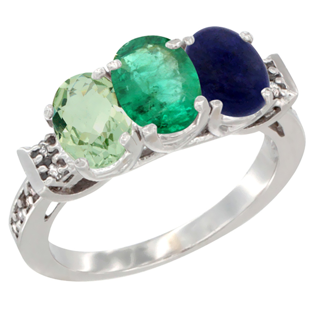 14K White Gold Natural Green Amethyst, Emerald & Lapis Ring 3-Stone 7x5 mm Oval Diamond Accent, sizes 5 - 10