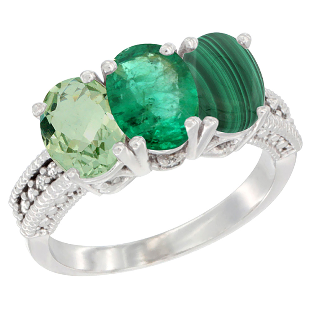 14K White Gold Natural Green Amethyst, Emerald & Malachite Ring 3-Stone 7x5 mm Oval Diamond Accent, sizes 5 - 10