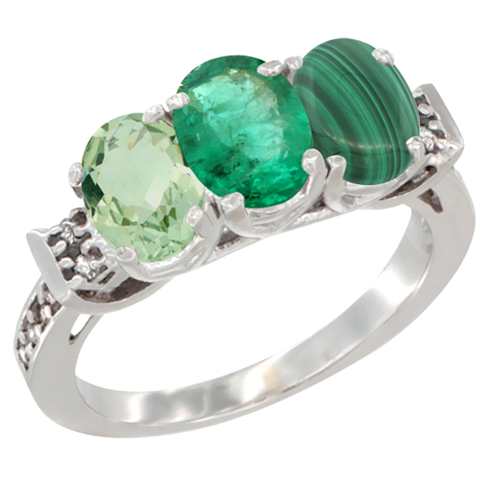 10K White Gold Natural Green Amethyst, Emerald & Malachite Ring 3-Stone Oval 7x5 mm Diamond Accent, sizes 5 - 10