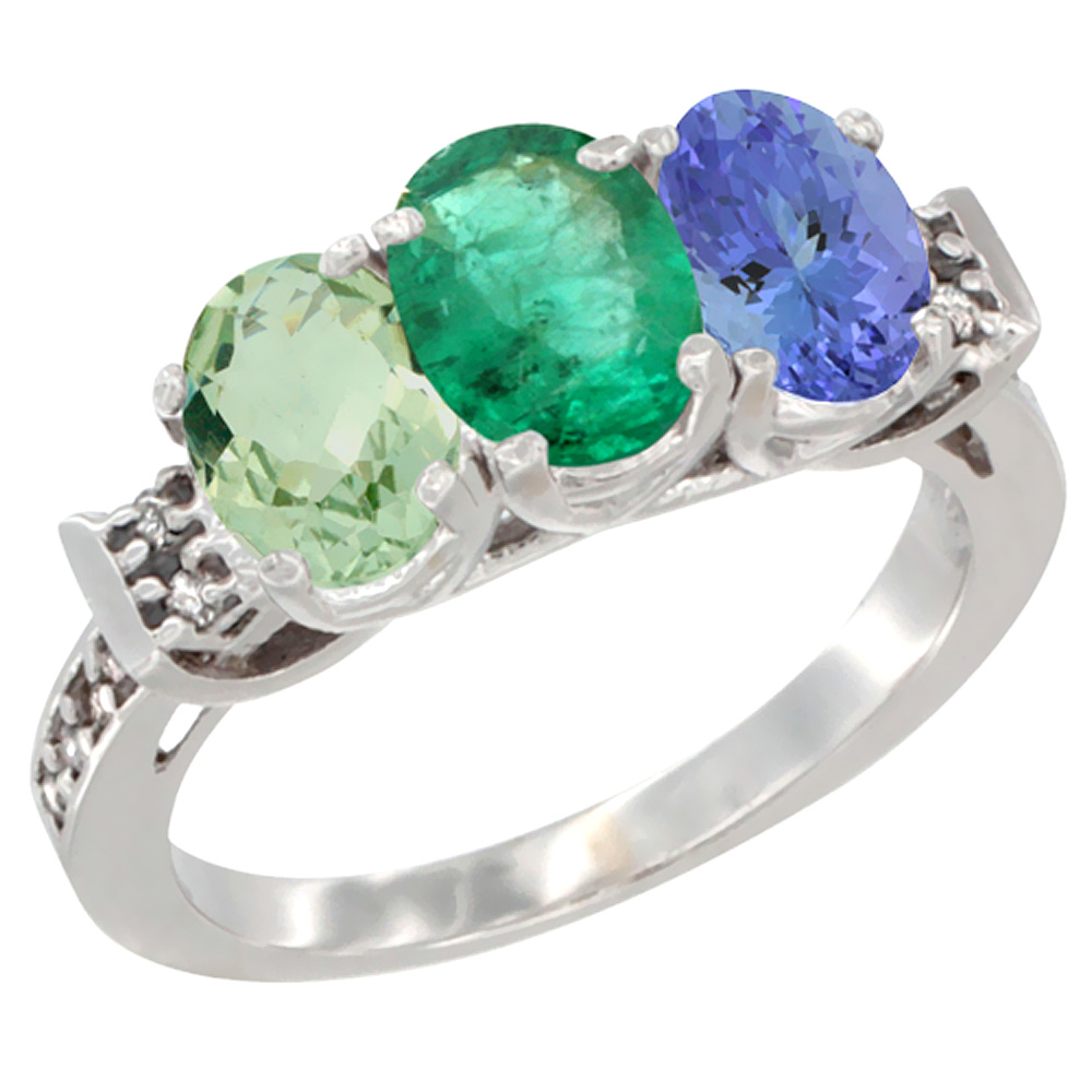 14K White Gold Natural Green Amethyst, Emerald & Tanzanite Ring 3-Stone 7x5 mm Oval Diamond Accent, sizes 5 - 10