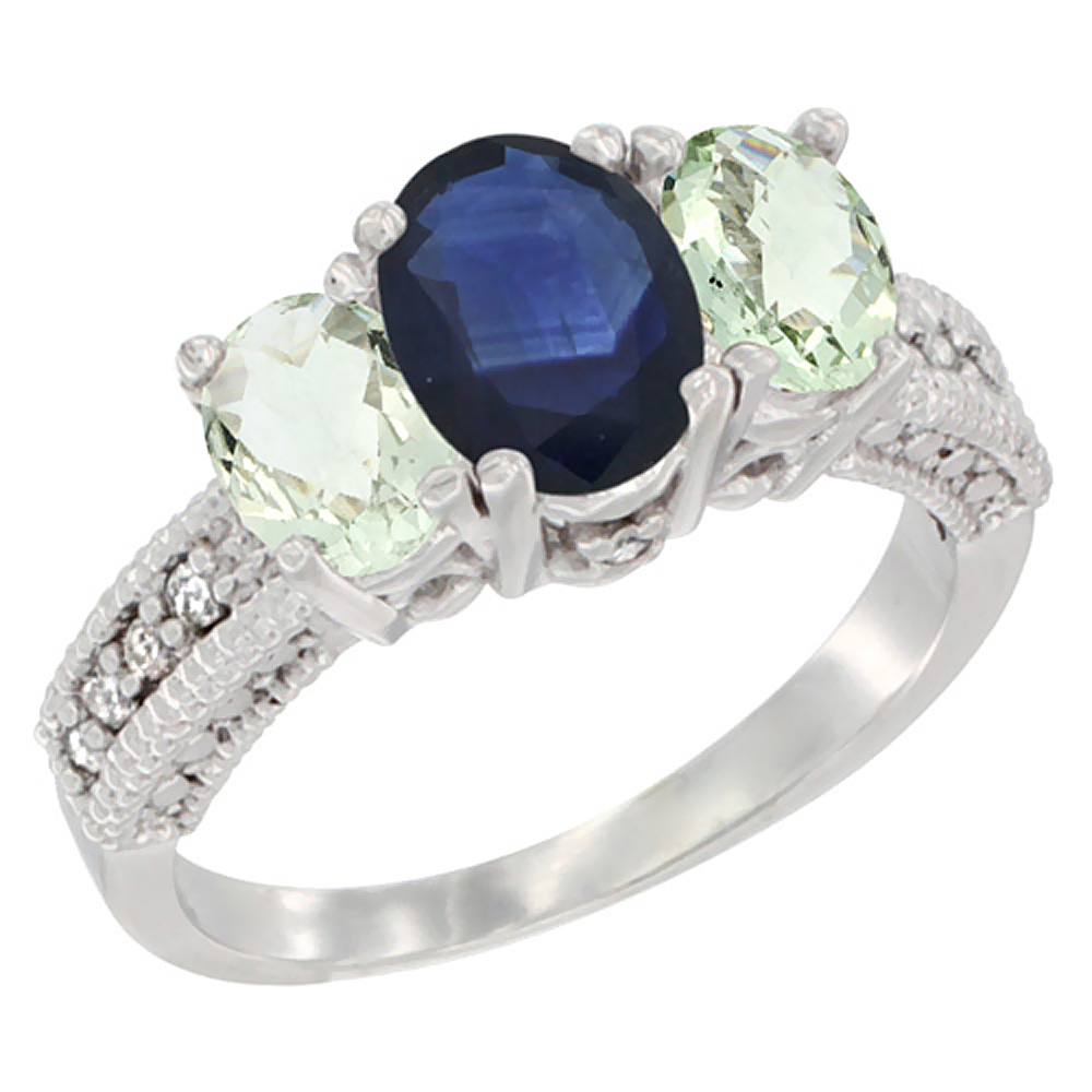 10K White Gold Diamond Natural Blue Sapphire Ring Oval 3-stone with Green Amethyst, sizes 5 - 10