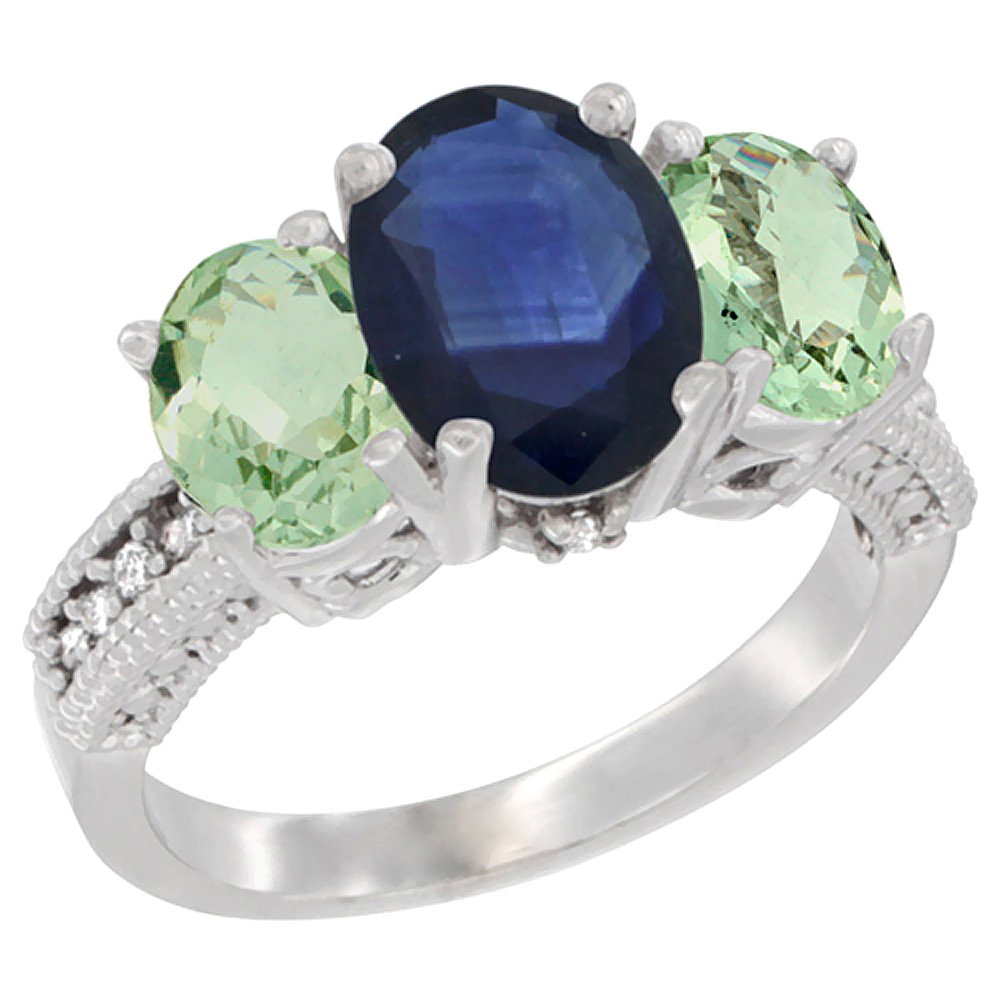 10K White Gold Diamond Natural Blue Sapphire Ring 3-Stone Oval 8x6mm with Green Amethyst, sizes5-10