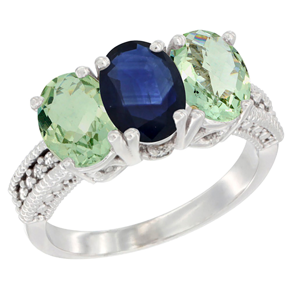 14K White Gold Natural Blue Sapphire &amp; Green Amethyst Sides Ring 3-Stone 7x5 mm Oval Diamond Accent, sizes 5 - 10