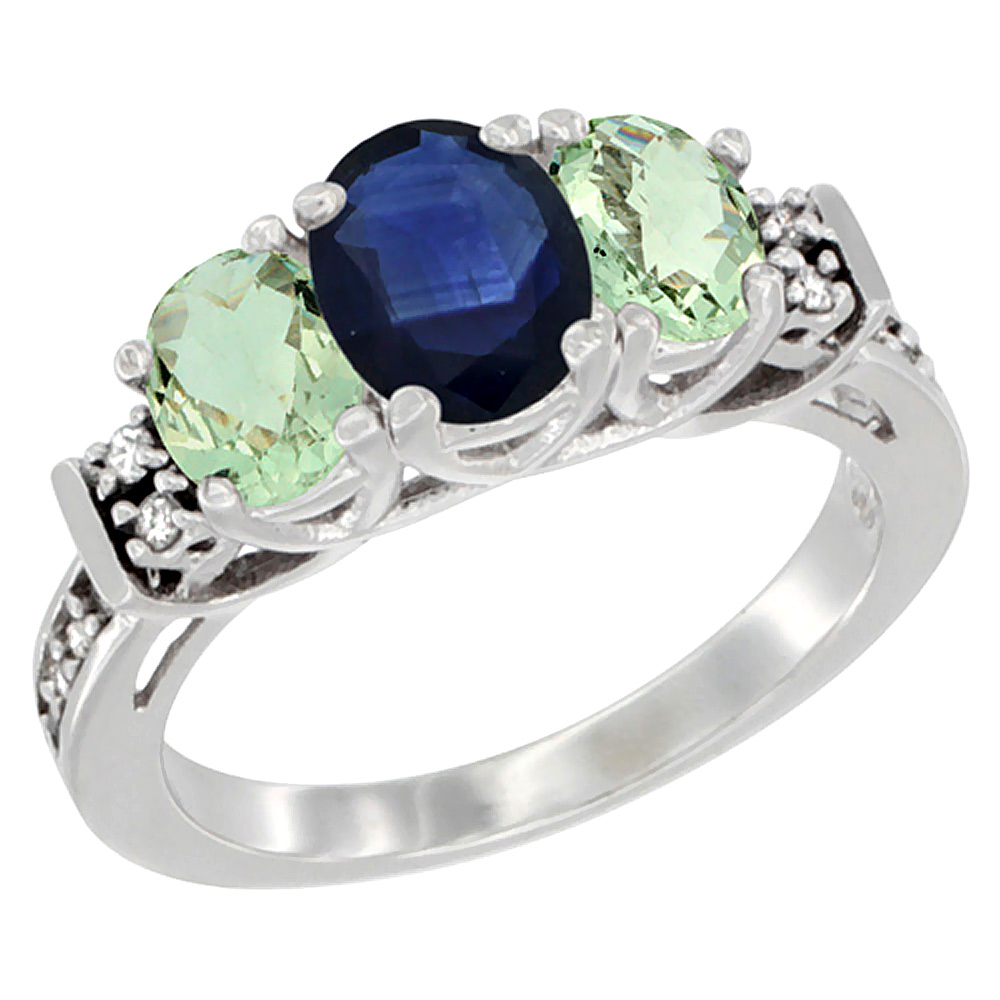 14K White Gold Natural Blue Sapphire &amp; Green Amethyst Ring 3-Stone Oval Diamond Accent, sizes 5-10