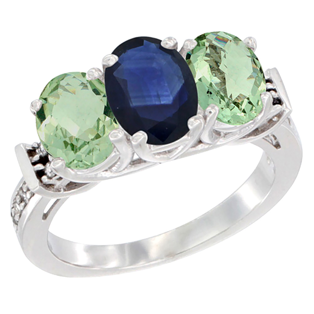 10K White Gold Natural Blue Sapphire & Green Amethyst Sides Ring 3-Stone Oval Diamond Accent, sizes 5 - 10