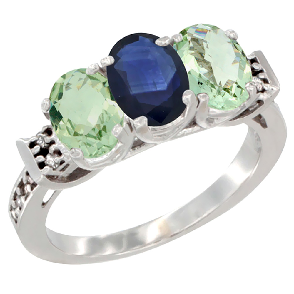 14K White Gold Natural Blue Sapphire &amp; Green Amethyst Sides Ring 3-Stone 7x5 mm Oval Diamond Accent, sizes 5 - 10