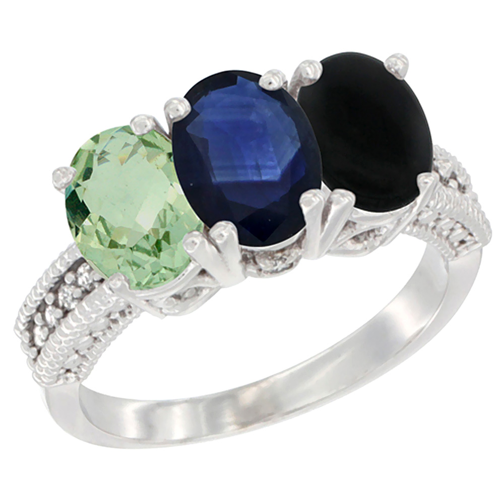 14K White Gold Natural Green Amethyst, Blue Sapphire & Black Onyx Ring 3-Stone 7x5 mm Oval Diamond Accent, sizes 5 - 10