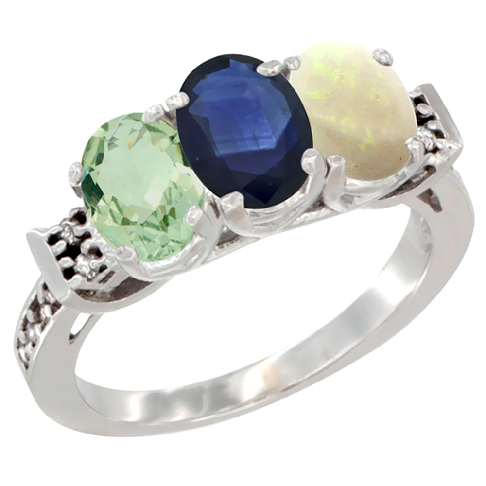 14K White Gold Natural Green Amethyst, Blue Sapphire &amp; Opal Ring 3-Stone 7x5 mm Oval Diamond Accent, sizes 5 - 10