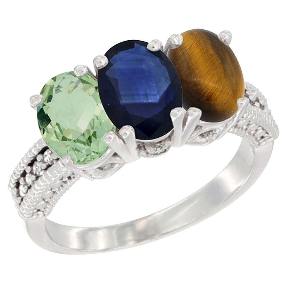 10K White Gold Natural Green Amethyst, Blue Sapphire & Tiger Eye Ring 3-Stone Oval 7x5 mm Diamond Accent, sizes 5 - 10