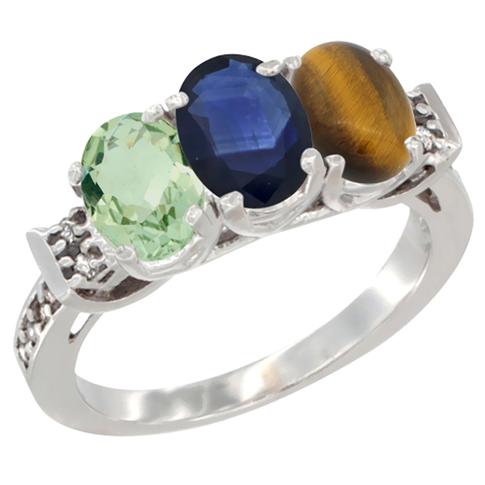 14K White Gold Natural Green Amethyst, Blue Sapphire & Tiger Eye Ring 3-Stone 7x5 mm Oval Diamond Accent, sizes 5 - 10