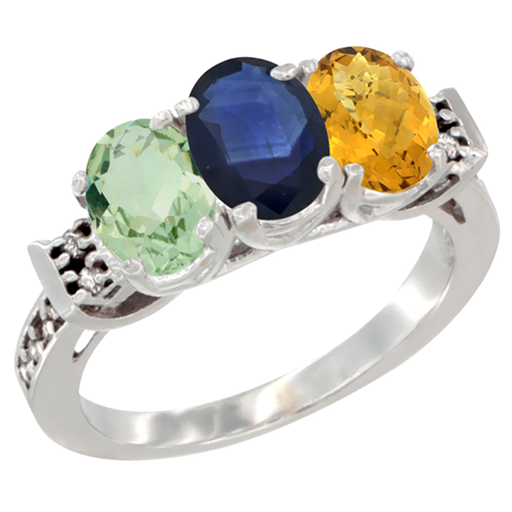 14K White Gold Natural Green Amethyst, Blue Sapphire &amp; Whisky Quartz Ring 3-Stone 7x5 mm Oval Diamond Accent, sizes 5 - 10