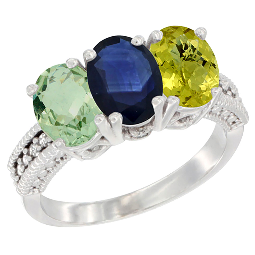 14K White Gold Natural Green Amethyst, Blue Sapphire & Lemon Quartz Ring 3-Stone 7x5 mm Oval Diamond Accent, sizes 5 - 10