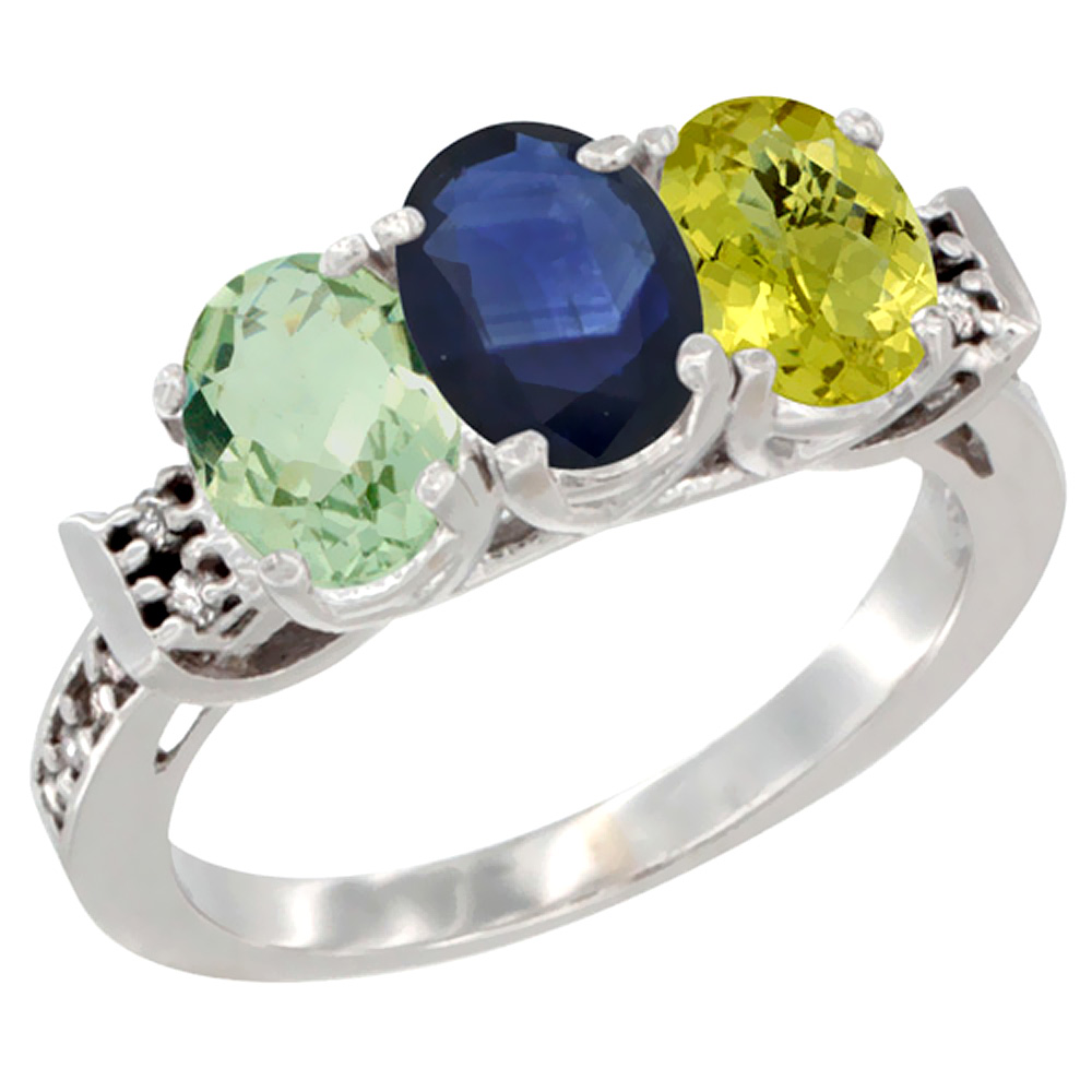 10K White Gold Natural Green Amethyst, Blue Sapphire & Lemon Quartz Ring 3-Stone Oval 7x5 mm Diamond Accent, sizes 5 - 10